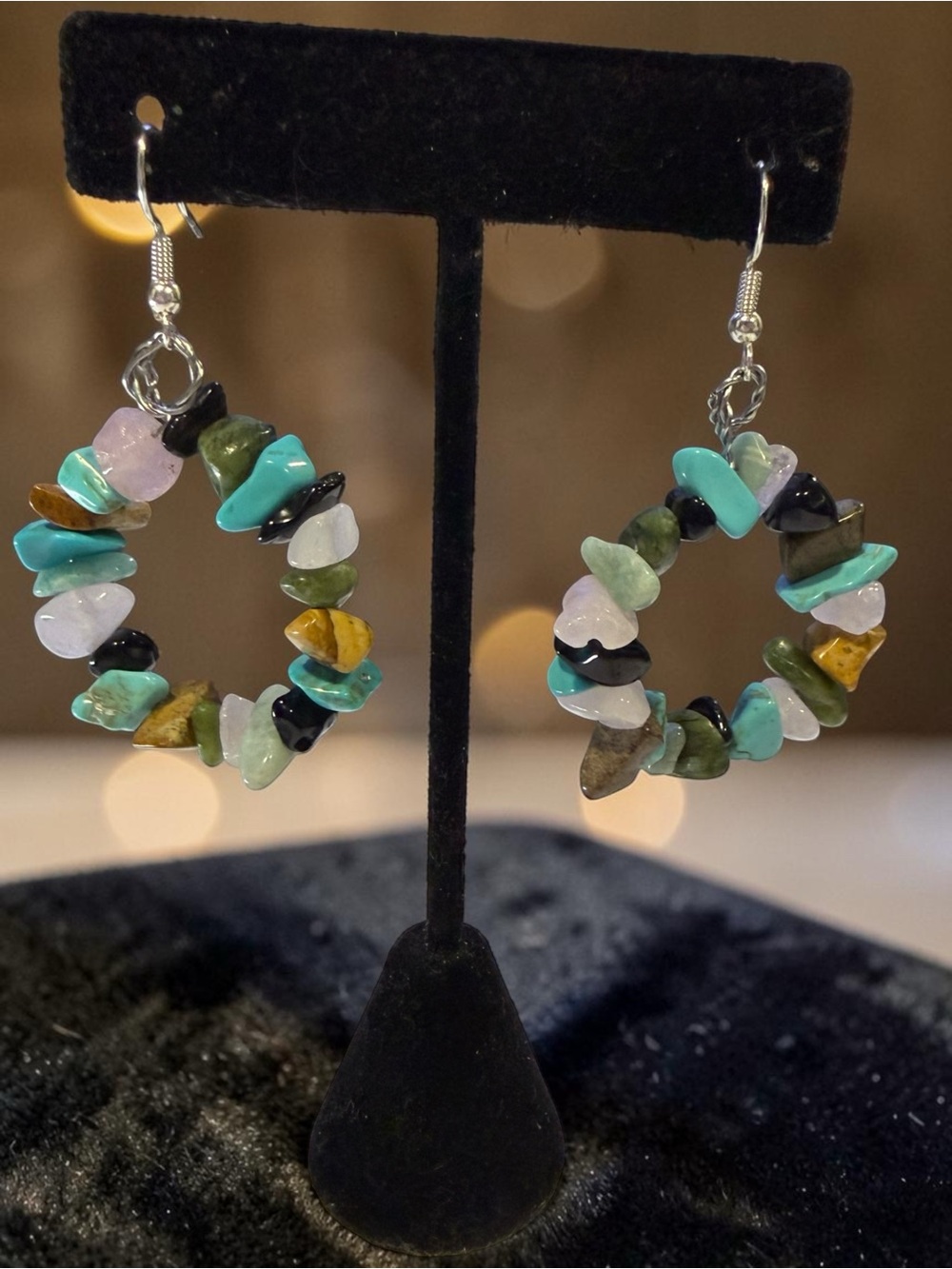 Handmade Gemstone Chip Hoop Earrings Multi-Colored Boho Dangles Earthcore